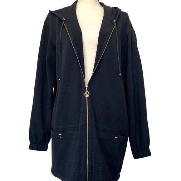 Saint John Sport Black Knit Jacket Women's Size M Hooded Zip Up Oversized